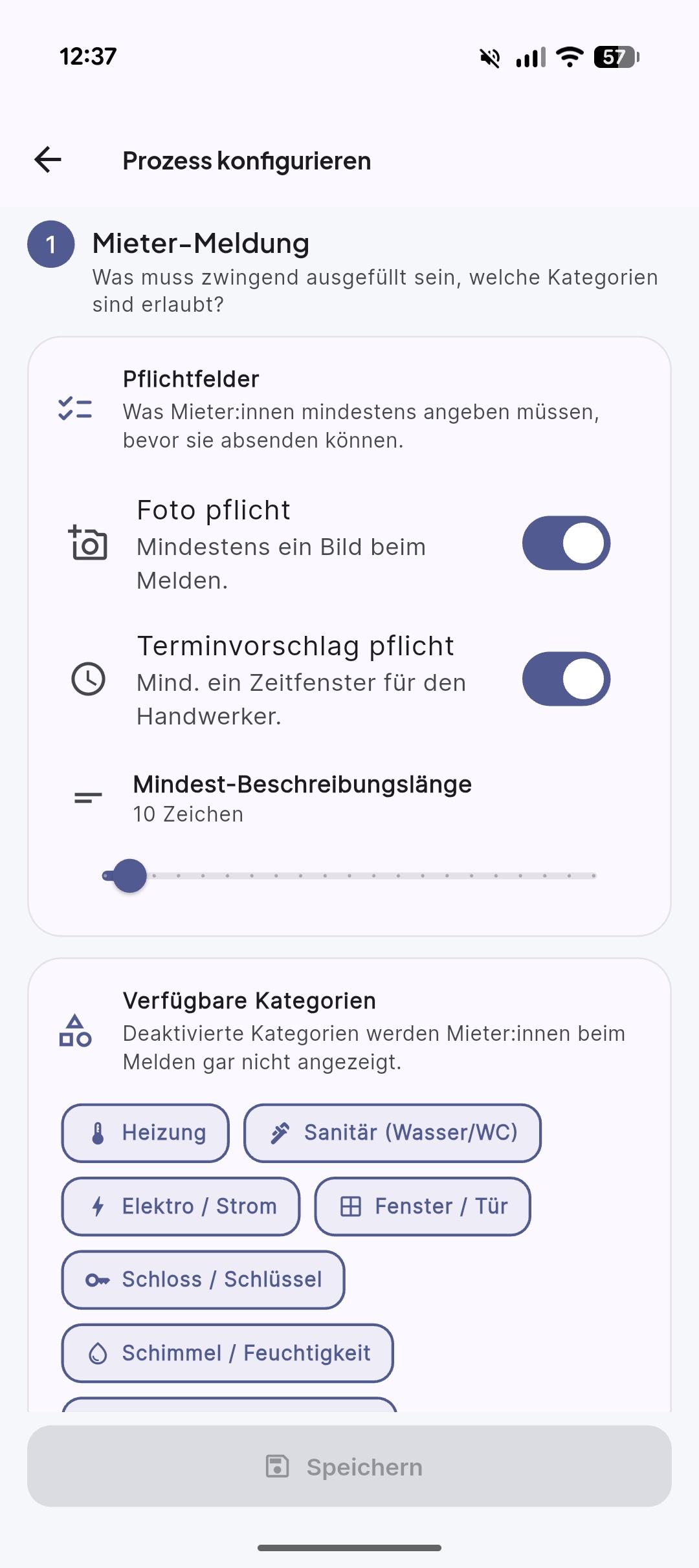 Screenshot: Prozess konfigurieren – Pflichtfelder und Kategorien im Rently Verwaltungs-Cockpit