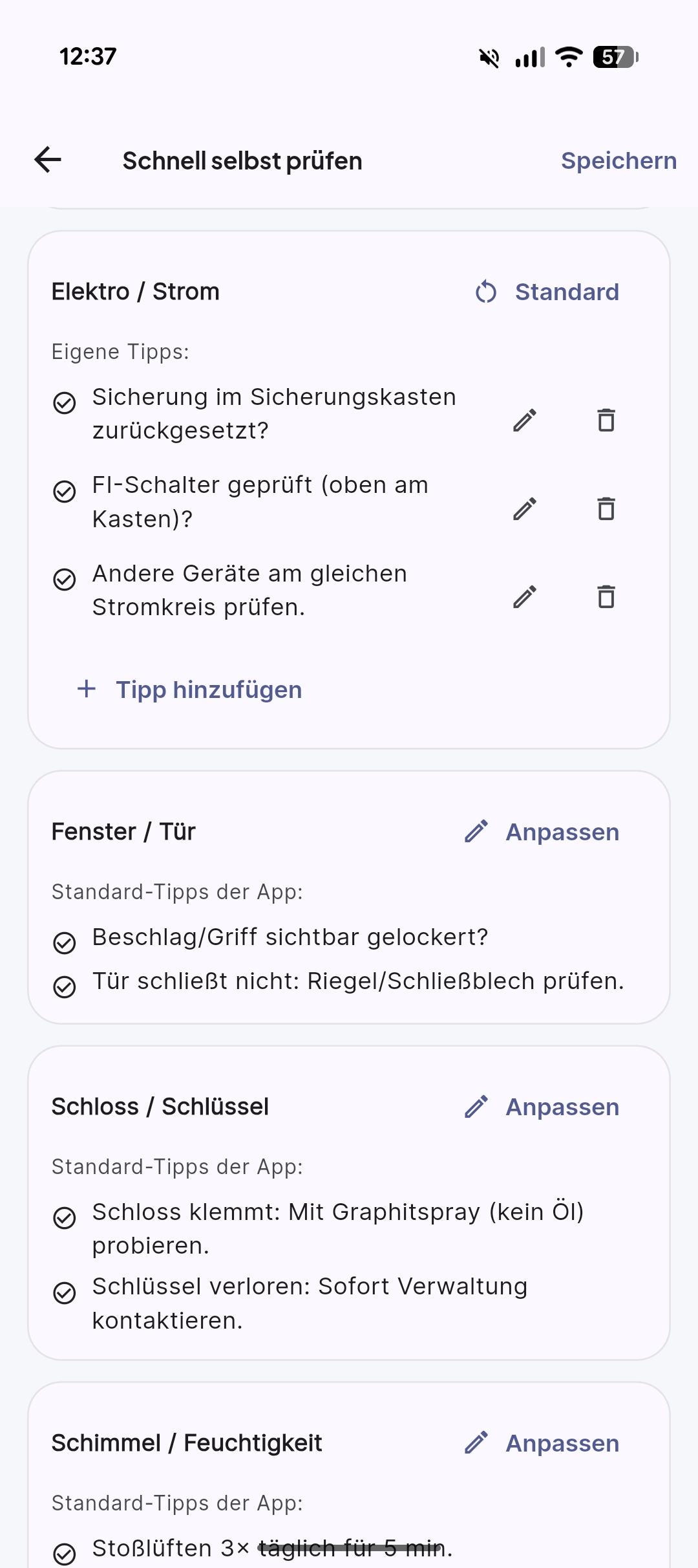 Screenshot: Schnell-Selbsthilfe-Tipps pro Kategorie konfigurieren