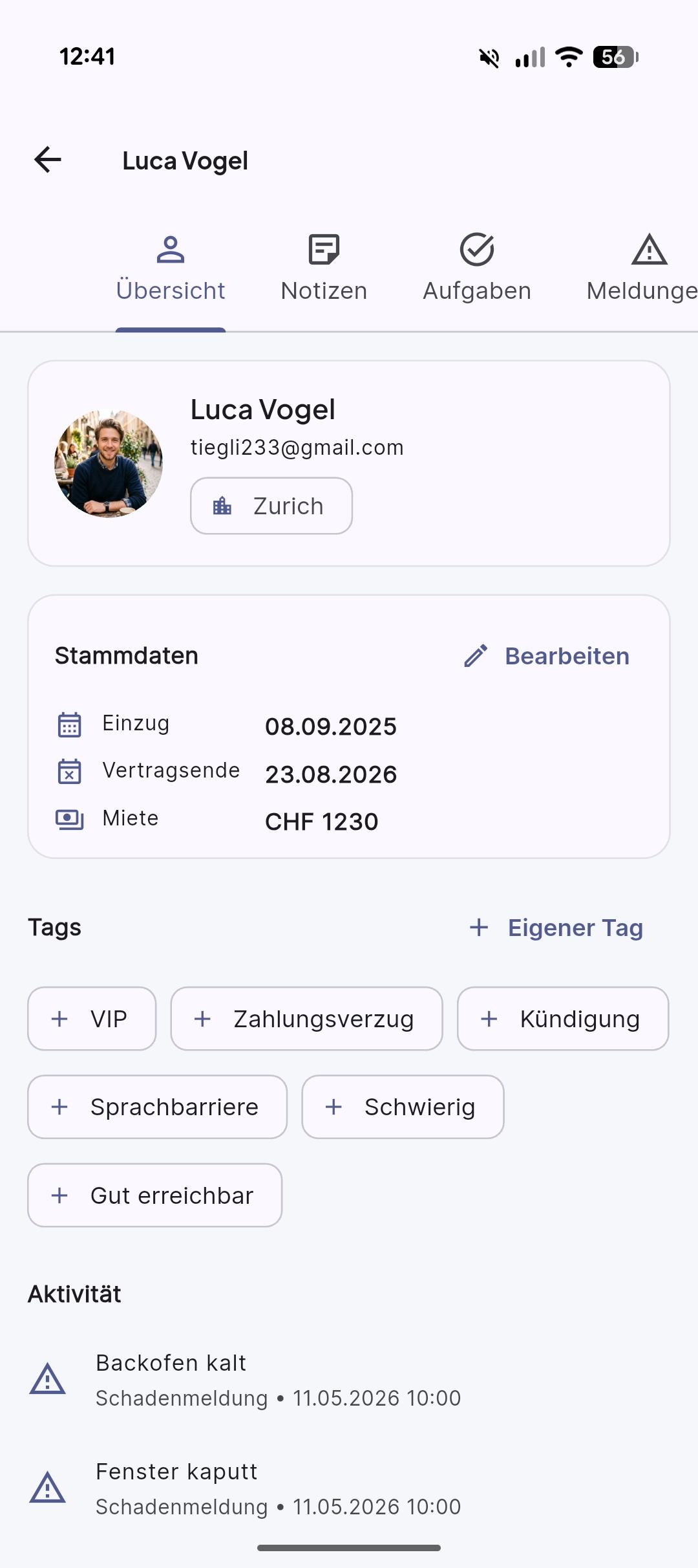 Screenshot: Mieter-Profil mit Stammdaten, Tags und Aktivitätsverlauf
