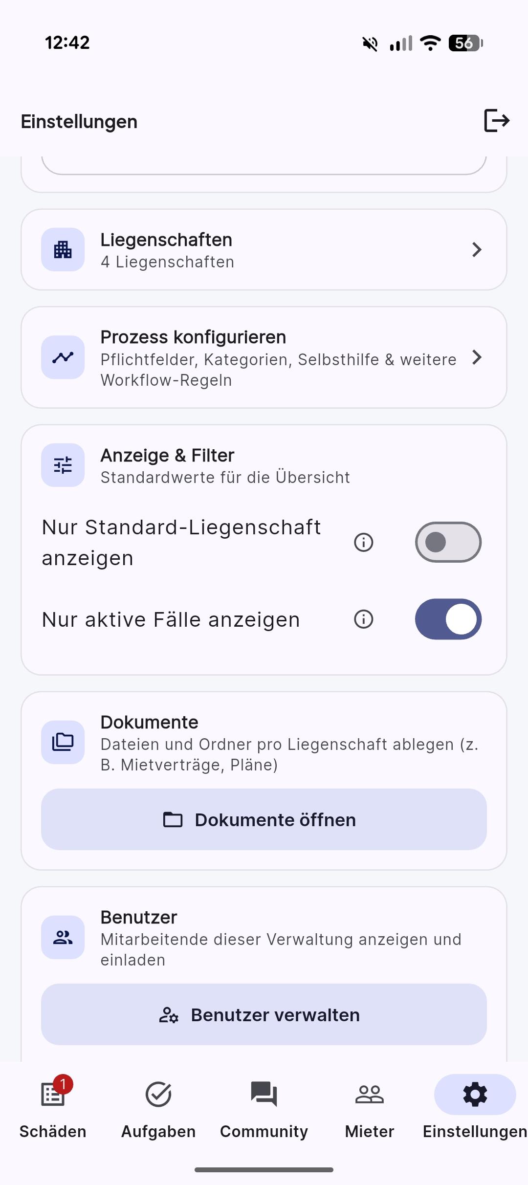 Screenshot: Einstellungen mit Liegenschaften, Prozessen, Dokumenten und Benutzern