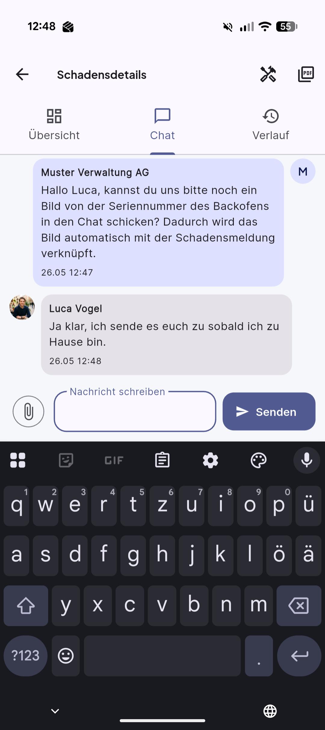 Screenshot: Schadens-Chat zwischen Mieter und Verwaltung in der Rently App