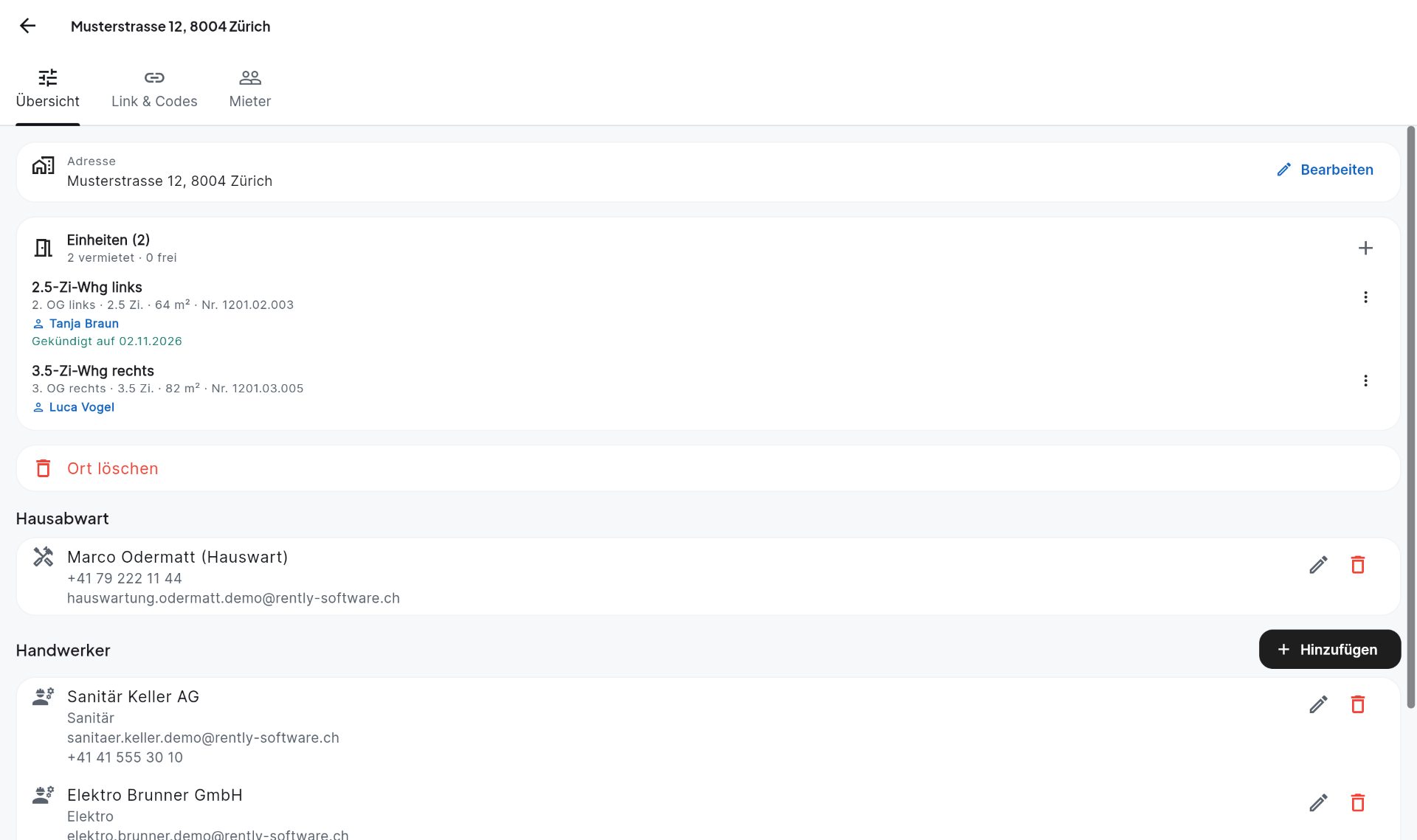 Screenshot: Liegenschaft mit Einheiten, Mietern, Hauswart und Handwerker-Kontakten