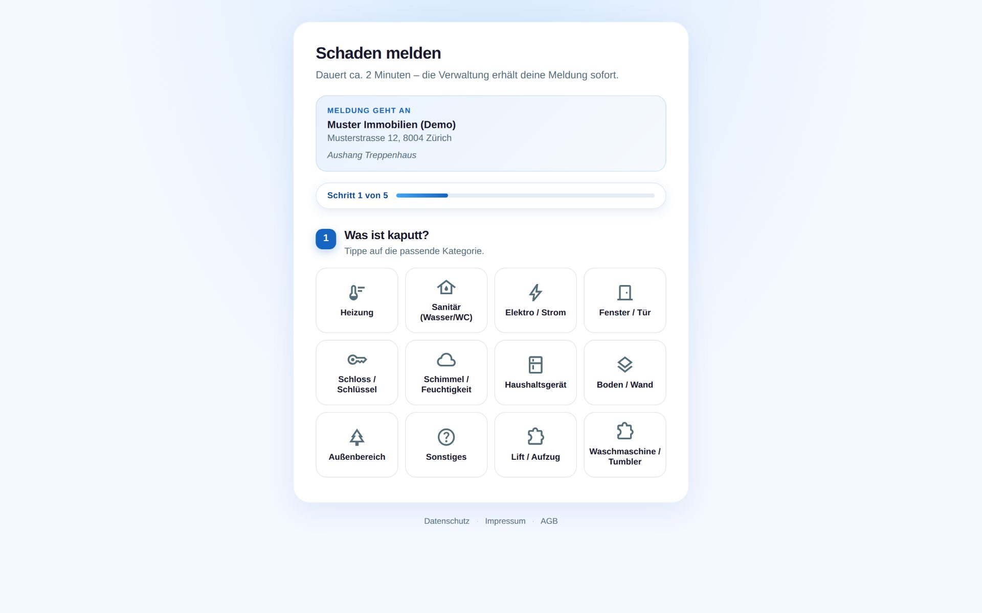 Screenshot: Meldeformular für Mieter:innen mit Kategorie-Auswahl, Schritt 1 von 5
