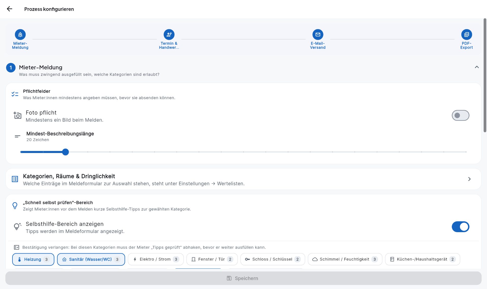 Screenshot: Prozess konfigurieren mit Pflichtfeldern, Mindestlänge und Selbsthilfe-Tipps im Rently Verwaltungs-Cockpit