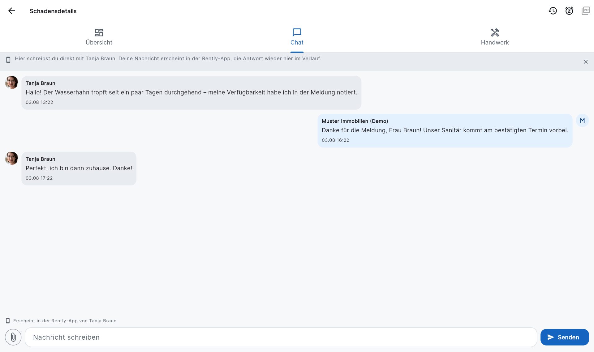 Screenshot: Schadens-Chat zwischen Mieterin und Verwaltung in Rently