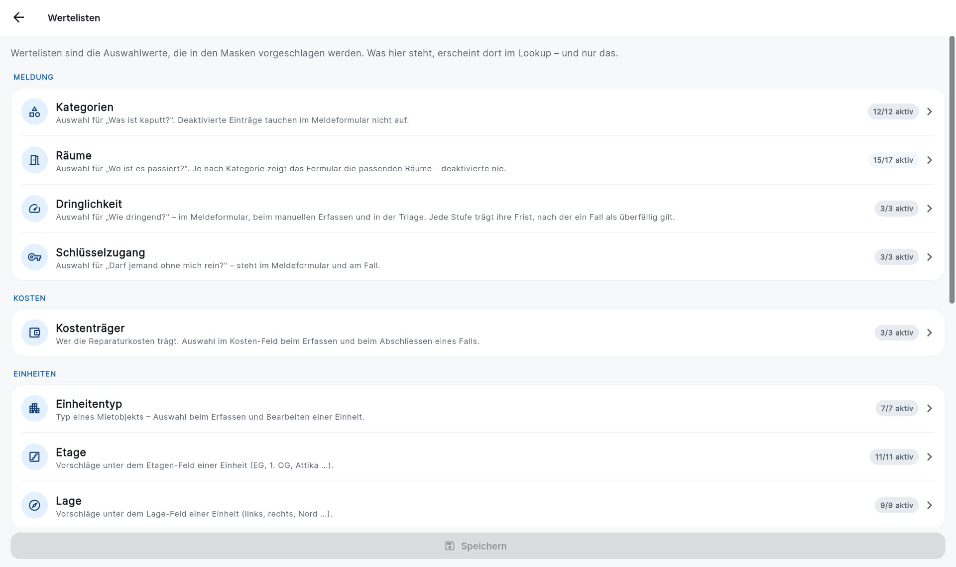 Screenshot: Wertelisten mit Kategorien, Räumen, Dringlichkeit, Schlüsselzugang und Kostenträgern